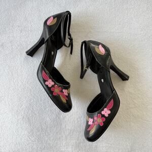 OK Heel Shoes Womens Size 8 Black Floral D'Orsay Ankle Strap Stiletto Party